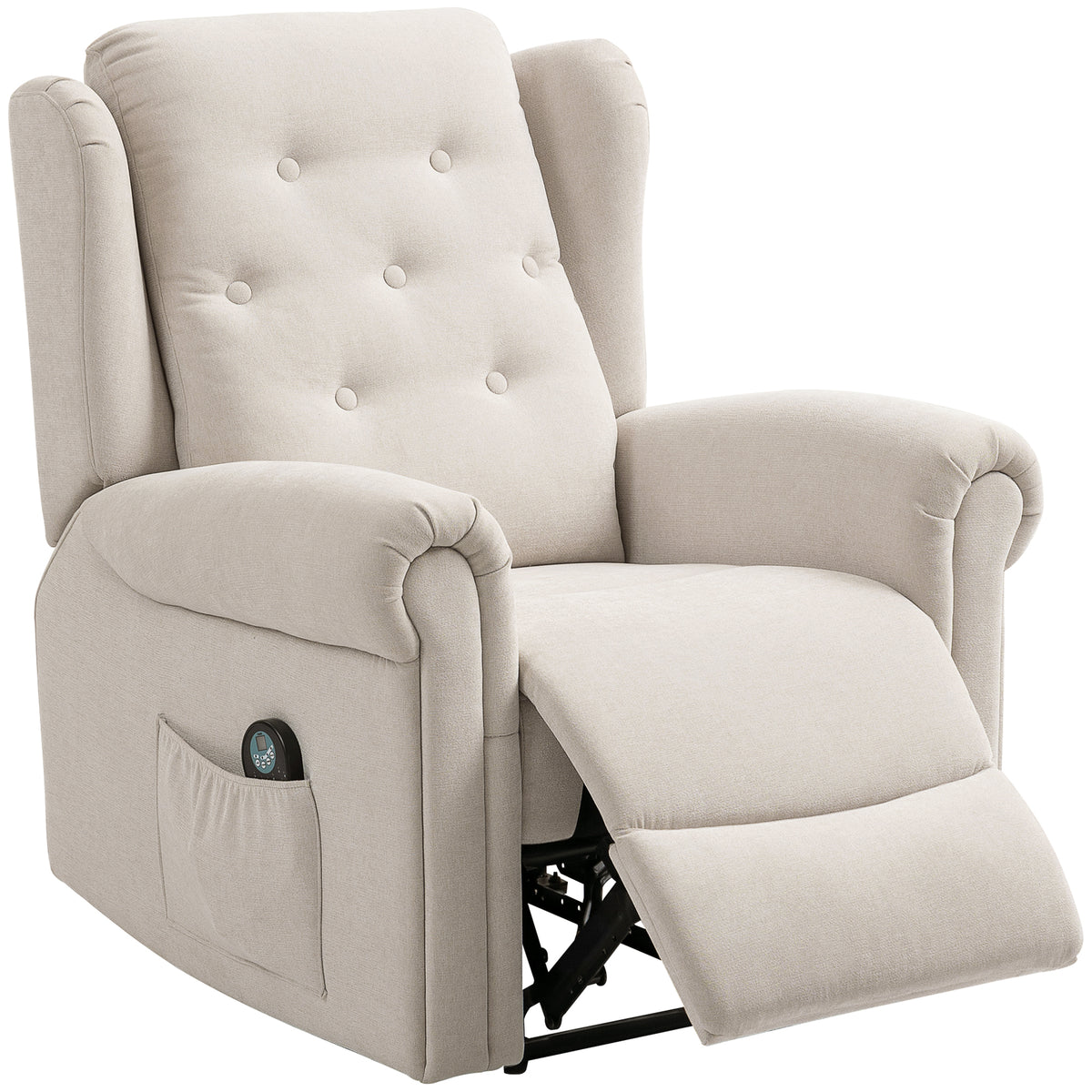 HOMCOM Elektrischer Massage- und Heizrelaxsessel mit manuell verstellbarem Rücken und Fußstütze, Seitentasche, beige