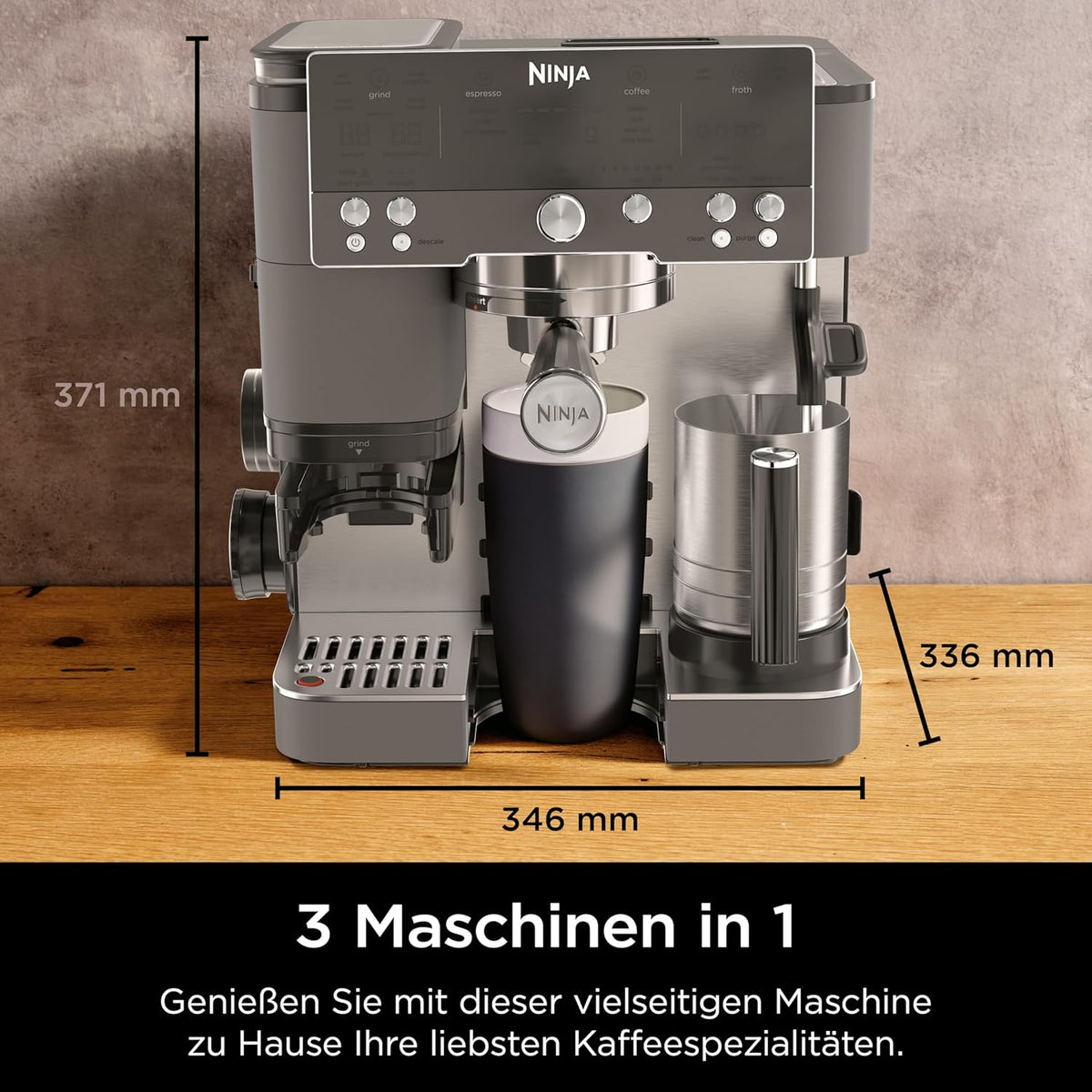 Ninja ES601EUGM Luxe Premier 3-in-1 Kaffeemaschine 2L – Barista-Assist, Mahlwerk, Mikroschaum, Grau Metall