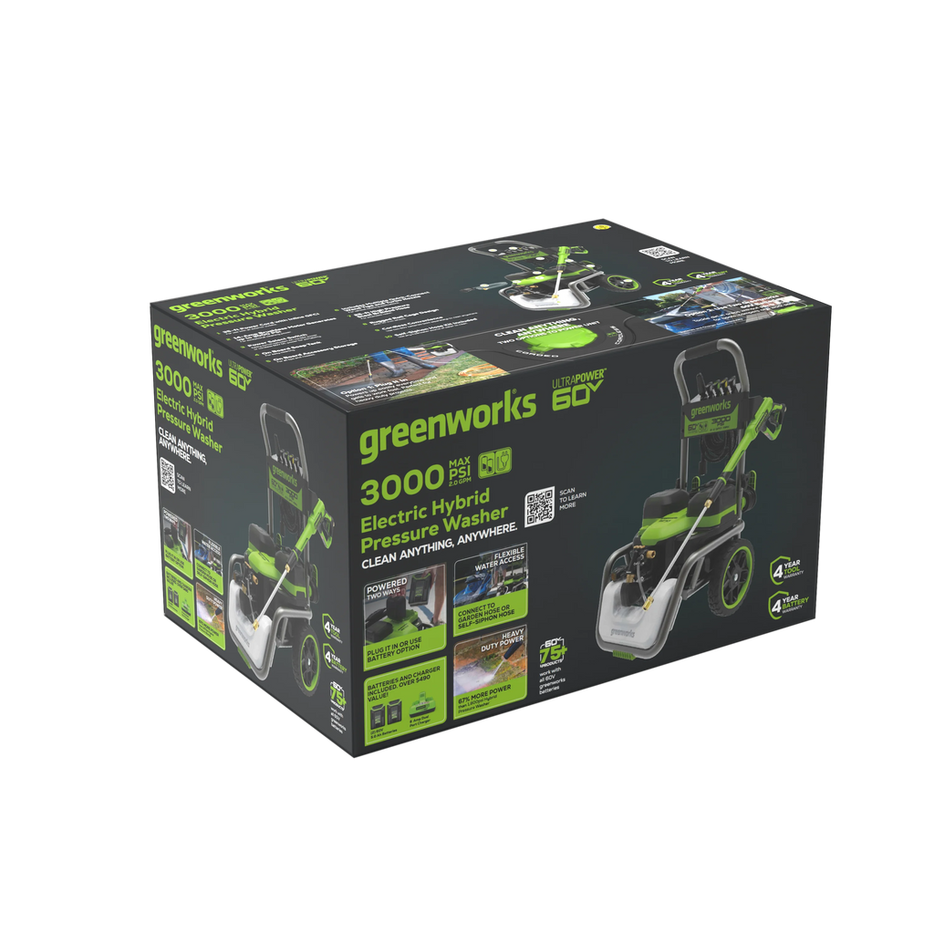 Greenworks Hybrid 60V 3000 MAX PSI at 2.0 GPM MAX Electric Pressure Washer + (2) 5.0ah Batteries & Dual - Port Charger 5128202