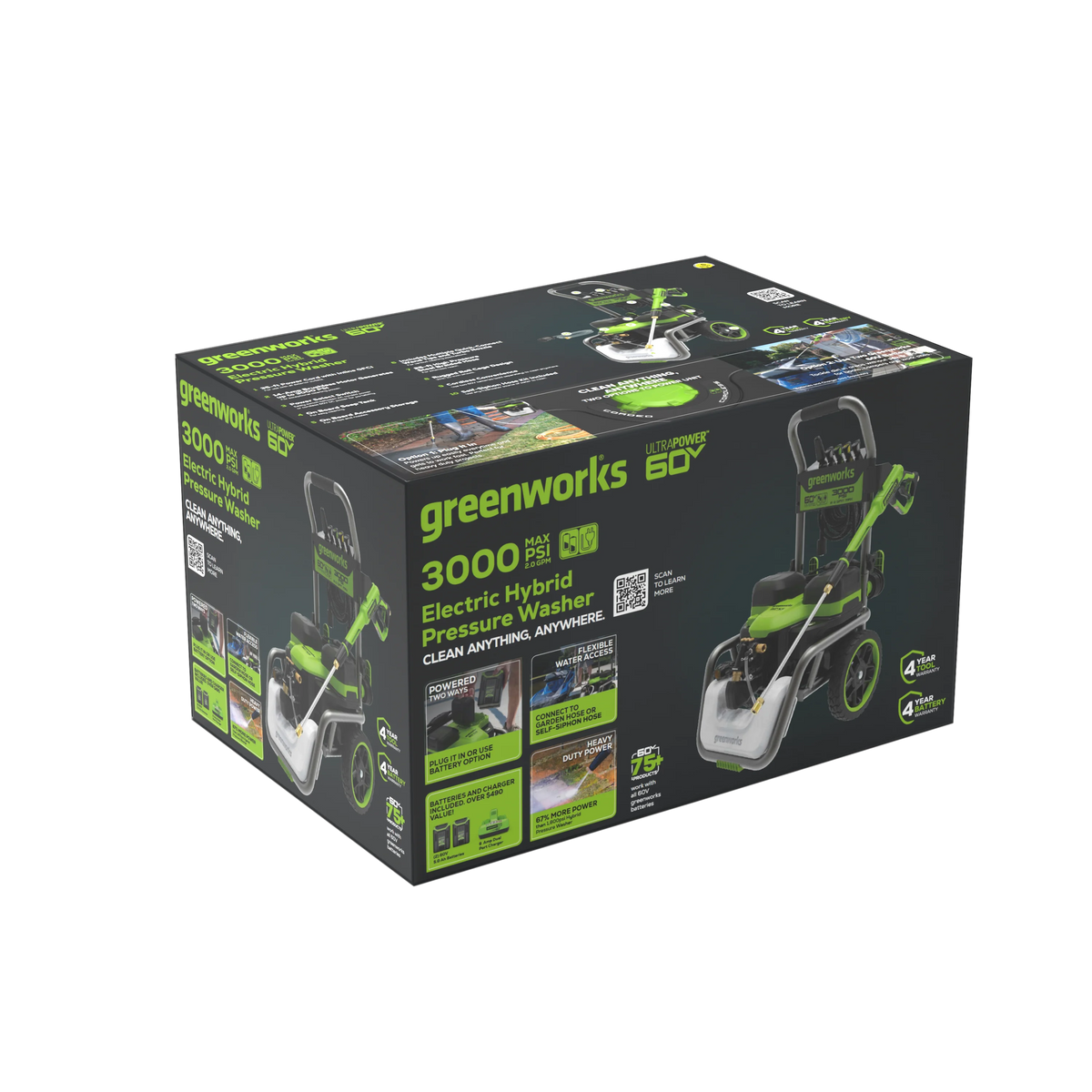 Greenworks Hybrid 60V 3000 MAX PSI at 2.0 GPM MAX Electric Pressure Washer + (2) 5.0ah Batteries & Dual - Port Charger 5128202