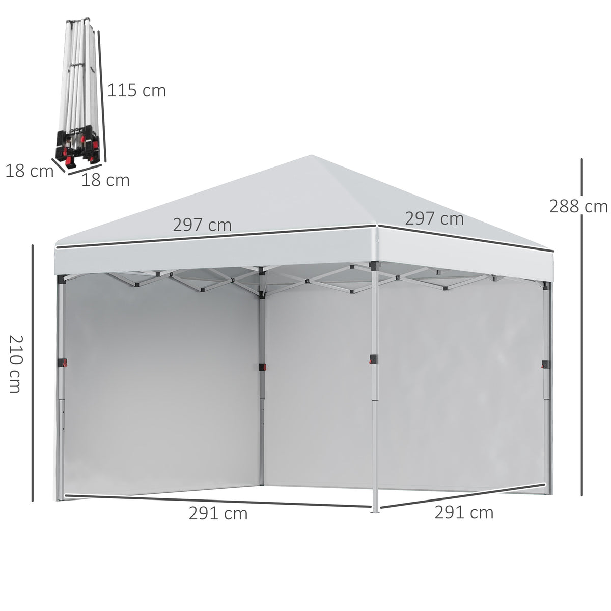 Outsunny Faltpavillon, zwei Seitenwände, Tragetasche, Stahlrahmen, hellgrau, 3 x 3 x 2,7 m