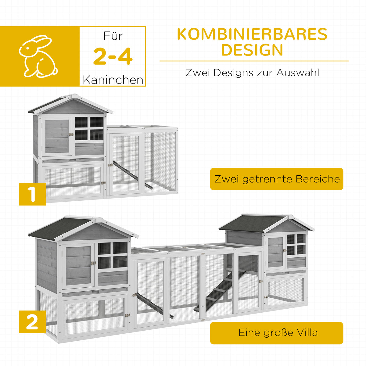 PawHut Kleintierstall, Kaninchenstall, Außengehege, Stall, Rampe, ausziehbare Bodenwannen, Weiß + Grau
