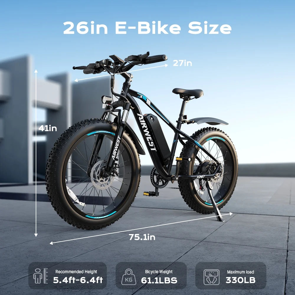 AIRWEST Electric Bike for Adults, Peak 750W Ebikes for Men Women26" Fat Tire Electric Bicycle with 48V 624wh Removable Battery25mph 60miles 7 Speed, Front Suspension Electric Mountain Bike