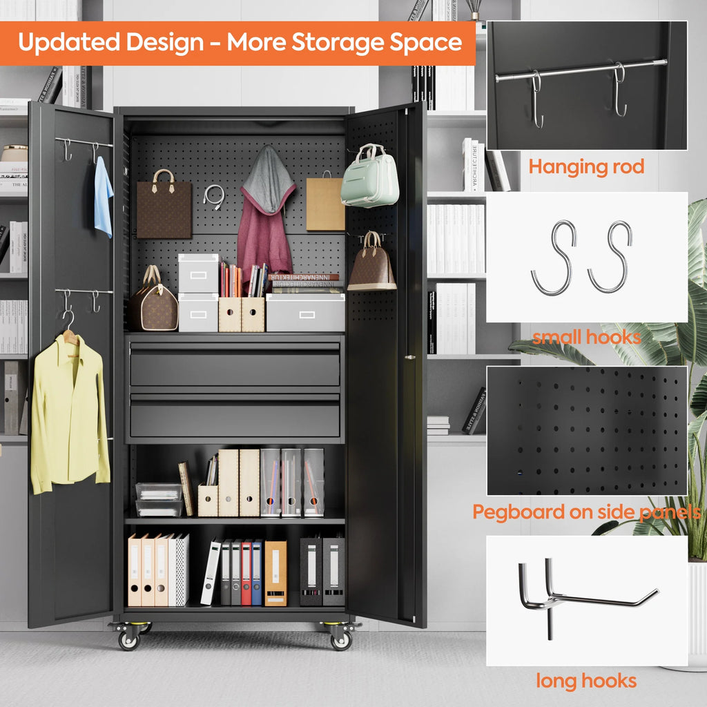 Aobabo Metal Storage Cabinet with Lock, Garage Storage Cabinet with Wheels, 72in Steel Storage Cabinet for Garage Home Storage, Black Required - Assembly