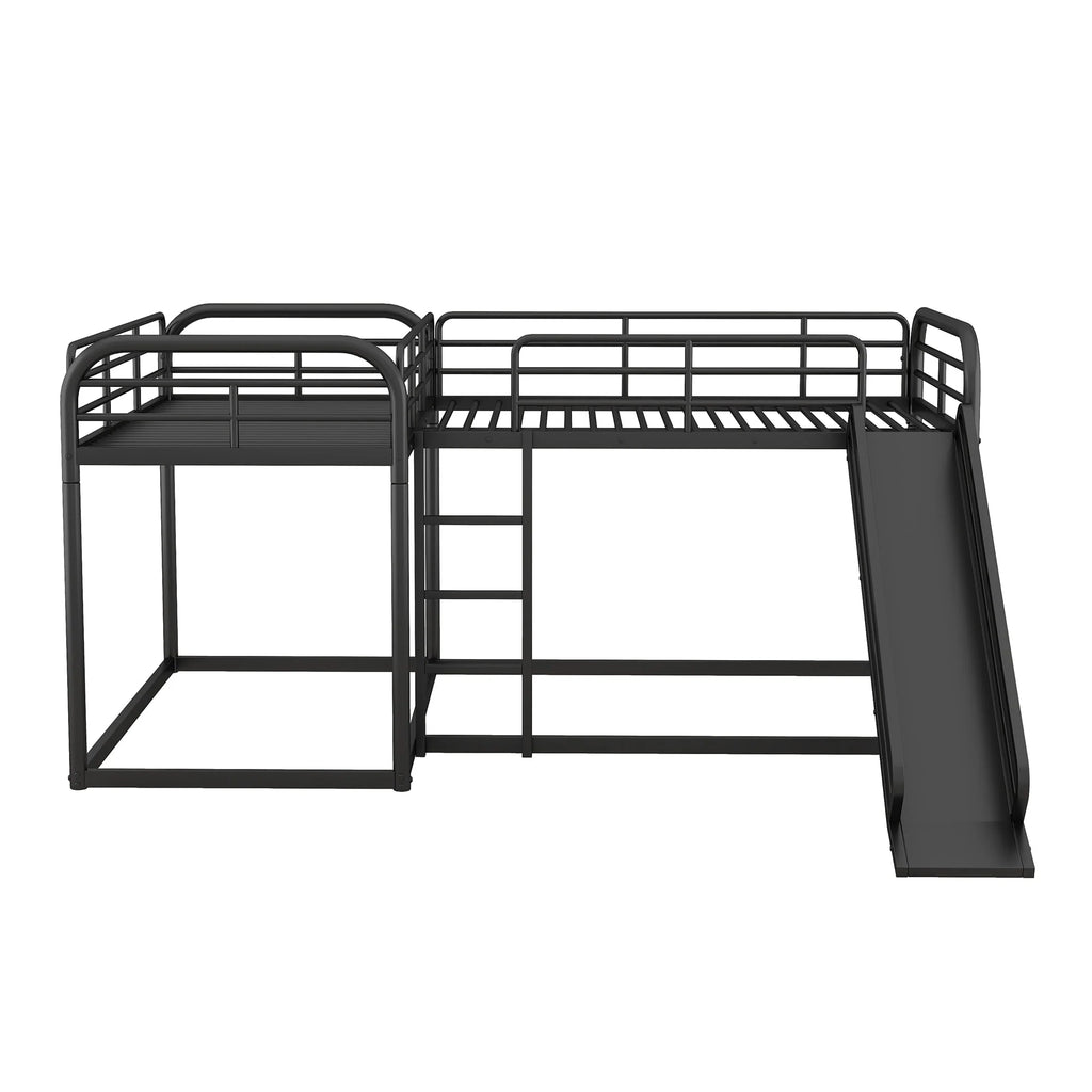 Full and Twin Size L - Shaped Quadruple Metal Bunk Bed with Slide for Kids, Black