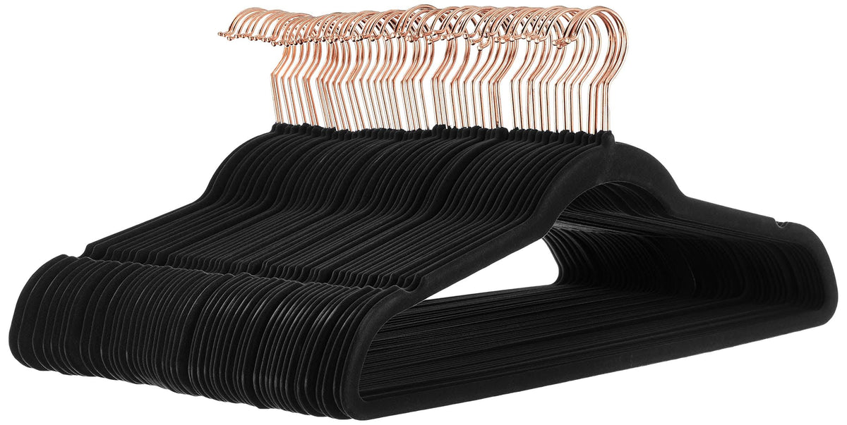 Basics Slim, Velvet, Non-Slip Clothes Suit Hangers, Black/Gold - Pack of 50