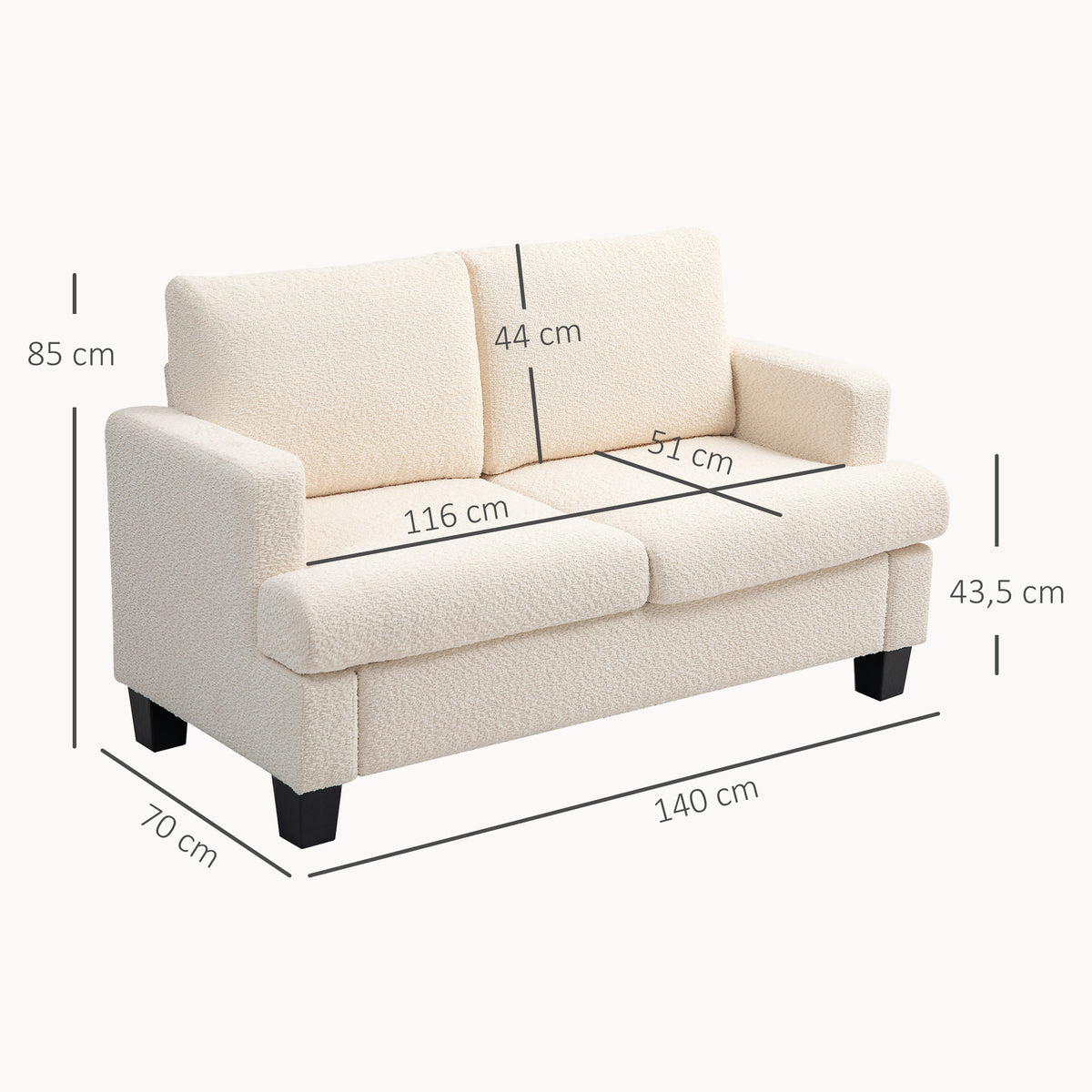 HOMCOM 2-Sitzer-Sofa 120 cm mit abnehmbaren Rückenkissen, Chenille-Stoff für Wohnzimmer, Schlafzimmer, Büro, beige