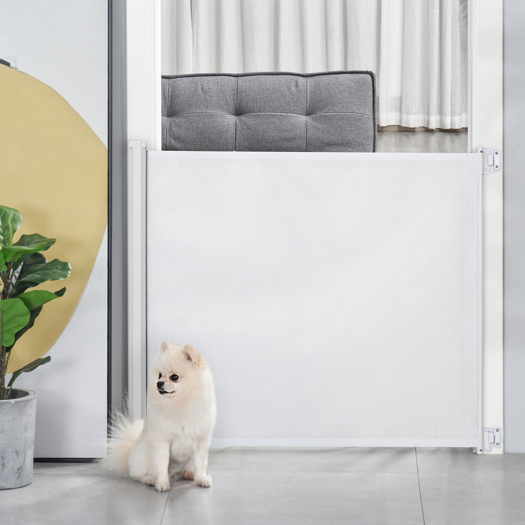 PawHut Treppenschutzgitter 115 cm Hunde Türschutzgitter Treppenschutz Sicherheitstrennwand Trennwand Türschutz ausziehbar treppenschutzrollo Rollo Einrollbar kunststoff Weiß