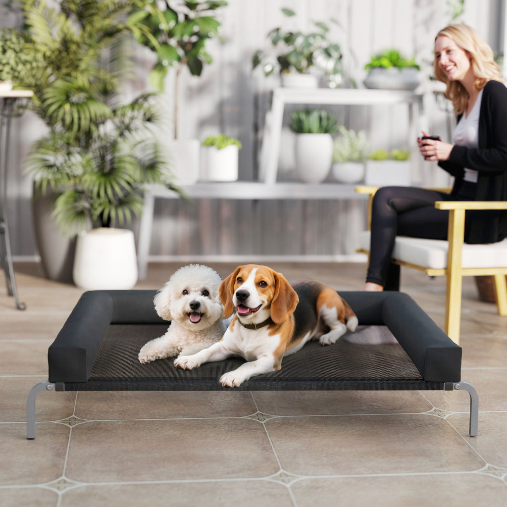 PawHut Erfrischendes erhöhtes Hundebett, tragbares Hundeliegen für drinnen und draußen, 130 x 90 x 30 cm, Schwarz