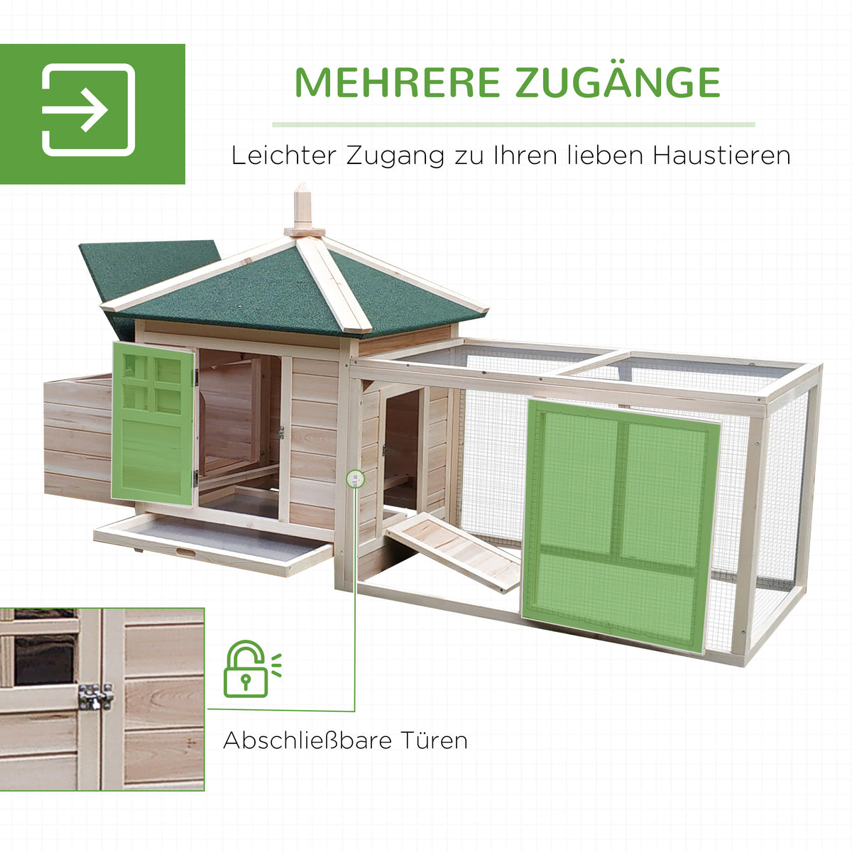 PawHut Hühnerstall für Zwerghühner 196 x 76 x 97 cm Hühnerhaus mit Nistkasten, Freilaufgehege Sitzstange, Kleintierstall aus Holz, Natur