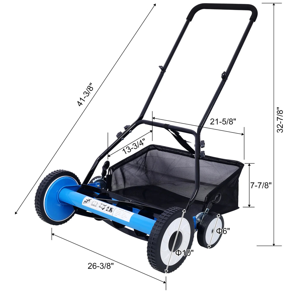 20 - Inch 5 - Blade Push Reel Lawn Mower with Grass Catcher 4 WHEELS BLUE COLOR