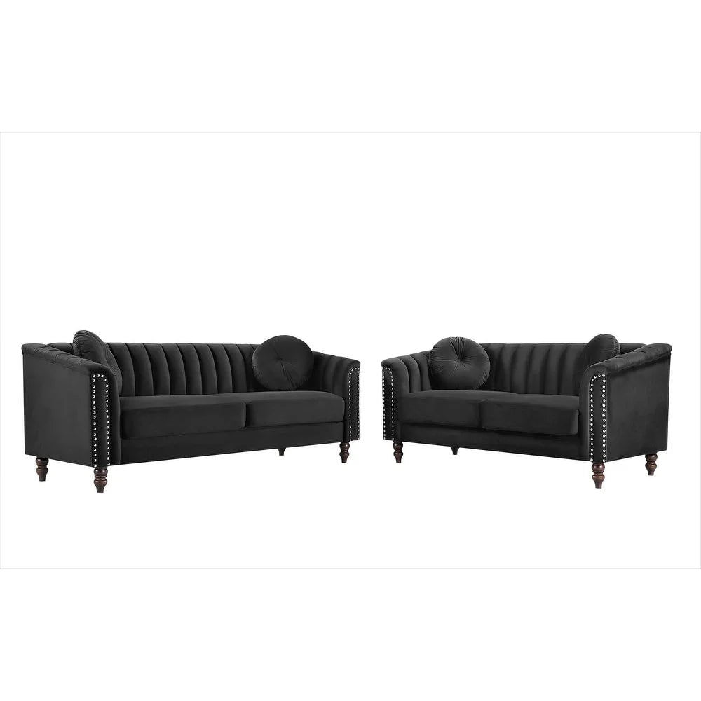 Uspridefurniture Hills Tufted Back 2pcs Living Room Set, Black Velvet