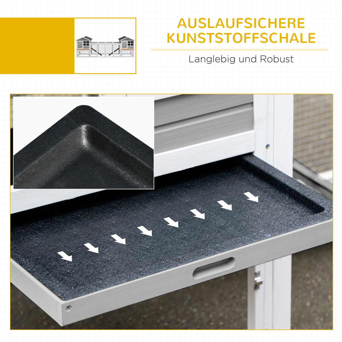 PawHut Kleintierstall, Kaninchenstall, Außengehege, Stall, Rampe, ausziehbare Bodenwannen, Weiß + Grau