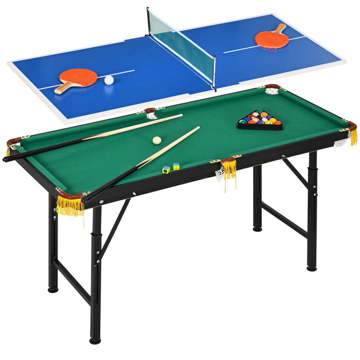 SPORTNOW 2-in-1 Billardtisch, Tischtennisplatte, mit Zubehör, 140x63x80cm, Blau/Grün