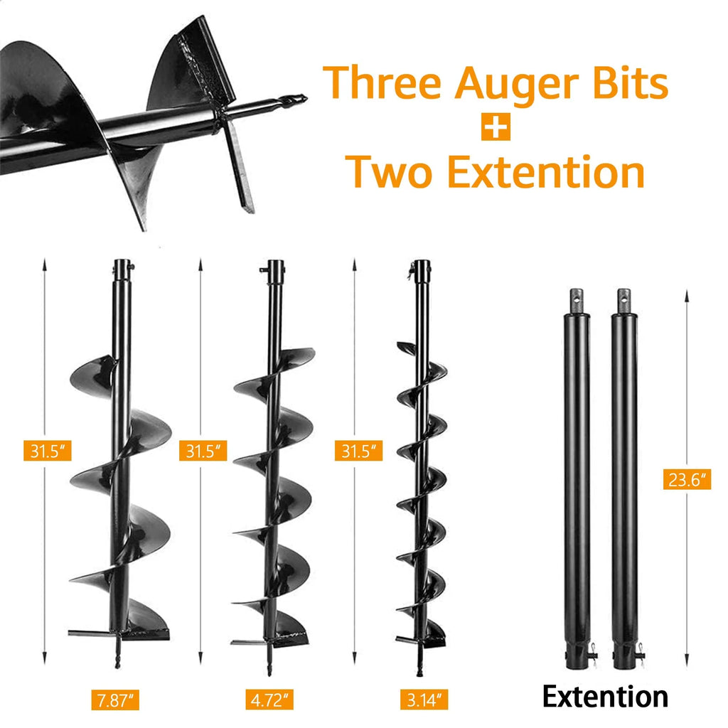 Jacgood 62cc Post Hole Digger 2 Stroke Petrol Gas Powered Earth Digger with 3 Auger Drill Bits (3" 5" & 8") + 3 Extension Rods for Farm Garden Plant