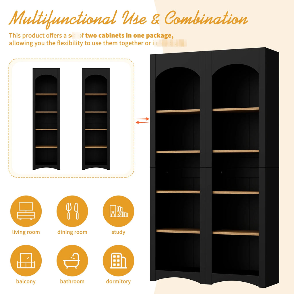 72"h Pantry Pair, 2, Adjustable Shelves, , Black Finish 2 Bookcase, Cabinet with Vintage Style