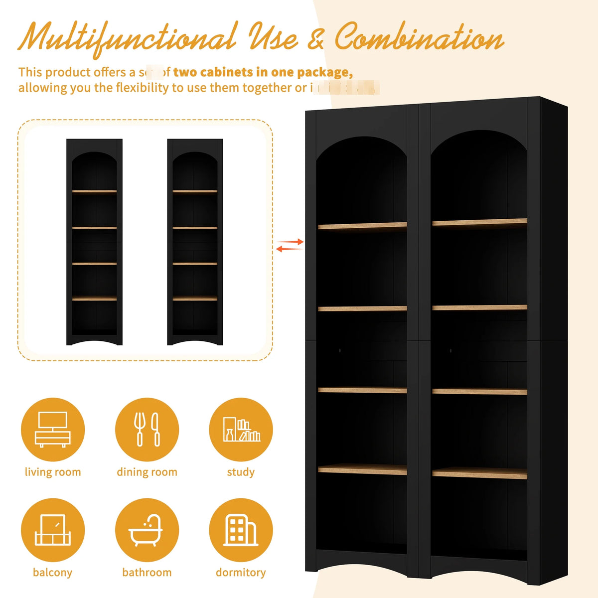 72"h Pantry Pair, 2, Adjustable Shelves, , Black Finish 2 Bookcase, Cabinet with Vintage Style