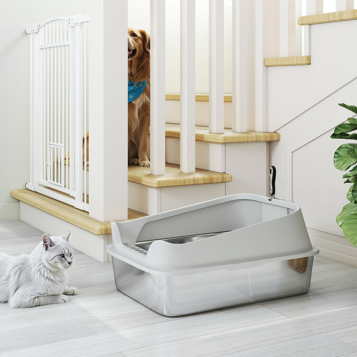 PawHut Katzentoilette aus Edelstahl XXL mit hohem Rand und leicht zu reinigender Schaufel Auslaufschutz 70x50x30 cm Grau