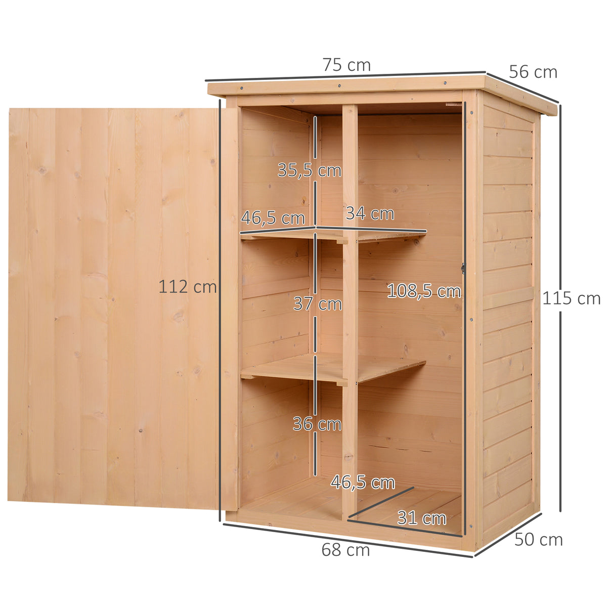 Outsunny Geräteschuppen mit Regalböden wetterbeständig 75 x 56 x 115cm Naturholz