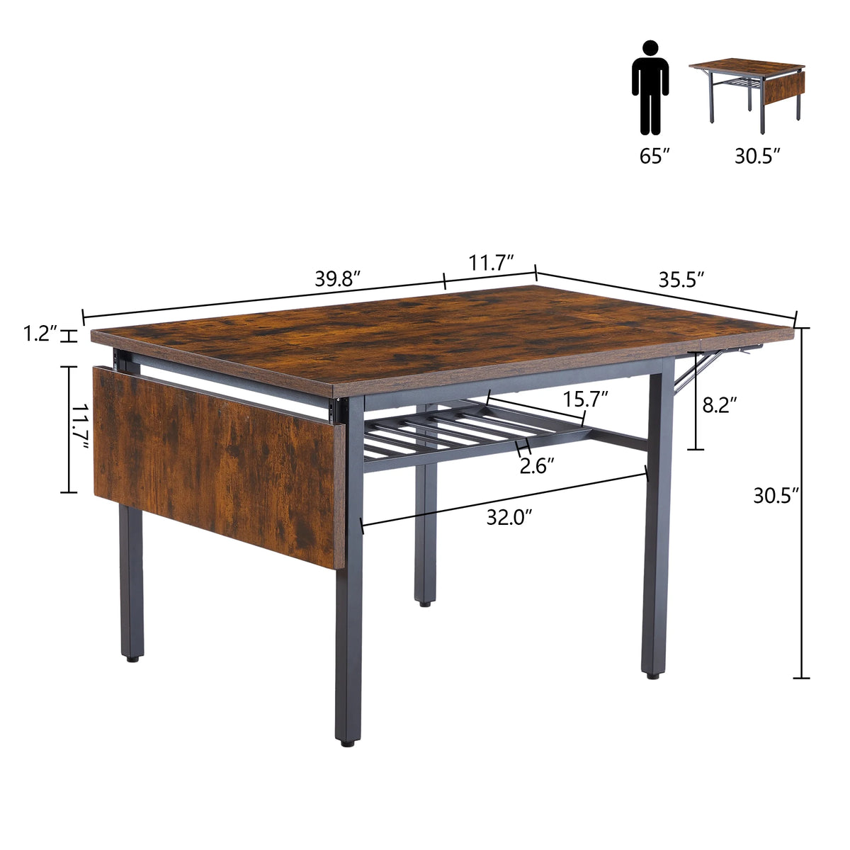 Folding Dining Table, Kitchen Table Foldable Dining Room Dinner Drop Leaf Tables for Small Spaces, Seats 2 - 6 People, 63.2'' L x 35.5'' W x 30.5'' H, Rustic Brown