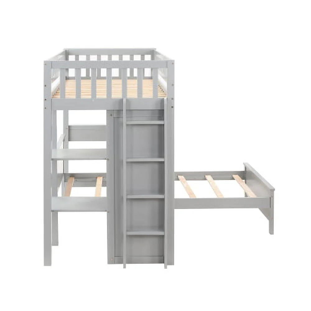 Twin Loft Bed with Closet & Desk, Wood Bed Frame with Movable Bed, Bunk Bed for Kids Adult, Gray