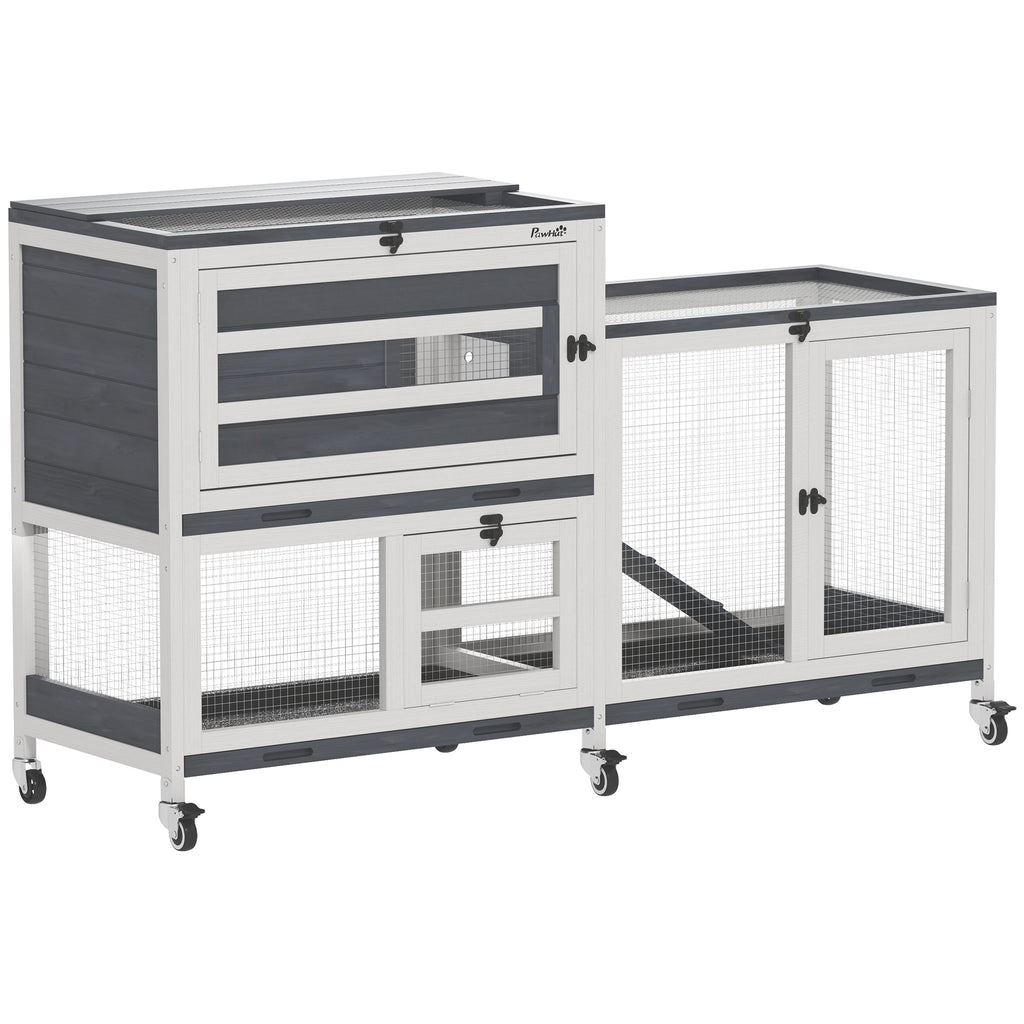 PawHut Kaninchenstall aus Massivholz 2 Etagen mit Rollen, 3 Tabletts, für 2-3 Kaninchen, 147 x 45 x 89,5cm, Grau