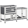 PawHut Kaninchenstall aus Massivholz 2 Etagen mit Rollen, 3 Tabletts, für 2-3 Kaninchen, 147 x 45 x 89,5cm, Grau