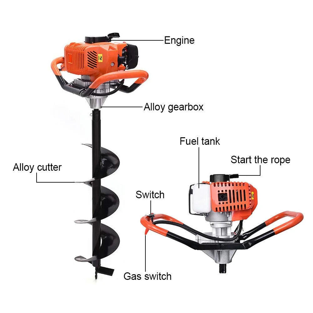 Jacgood 62cc Post Hole Digger 2 Stroke Petrol Gas Powered Earth Digger with 3 Auger Drill Bits (3" 5" & 8") + 3 Extension Rods for Farm Garden Plant