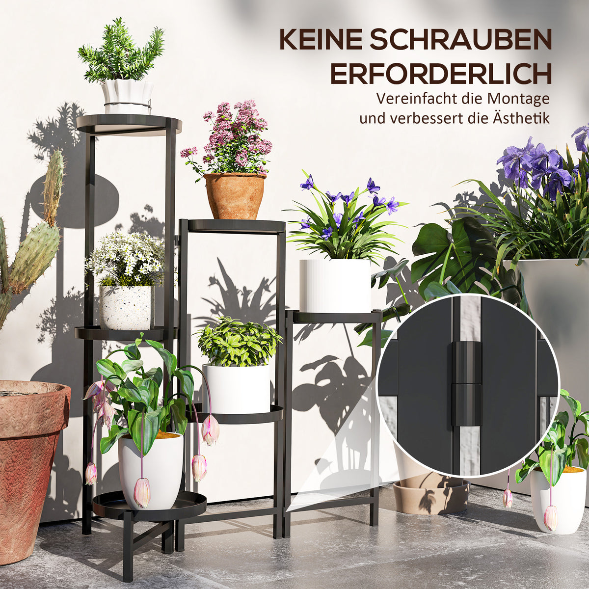 Outsunny Blumentopfständer, Pflanzenständer mit 6 verstellbaren runden Ebenen, Eckständer für Pflanzentöpfe, Metall, Schwarz