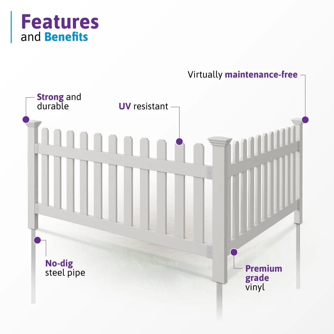 3ft H x 6ft W (1 Panel + 1 Post) No Dig Wambam Newport Fence Kit, White Vinyl Picket Fence, Easy Install Outdoor Fence for Backyard or Patio, DIY Decorative Fencing, ZP19002