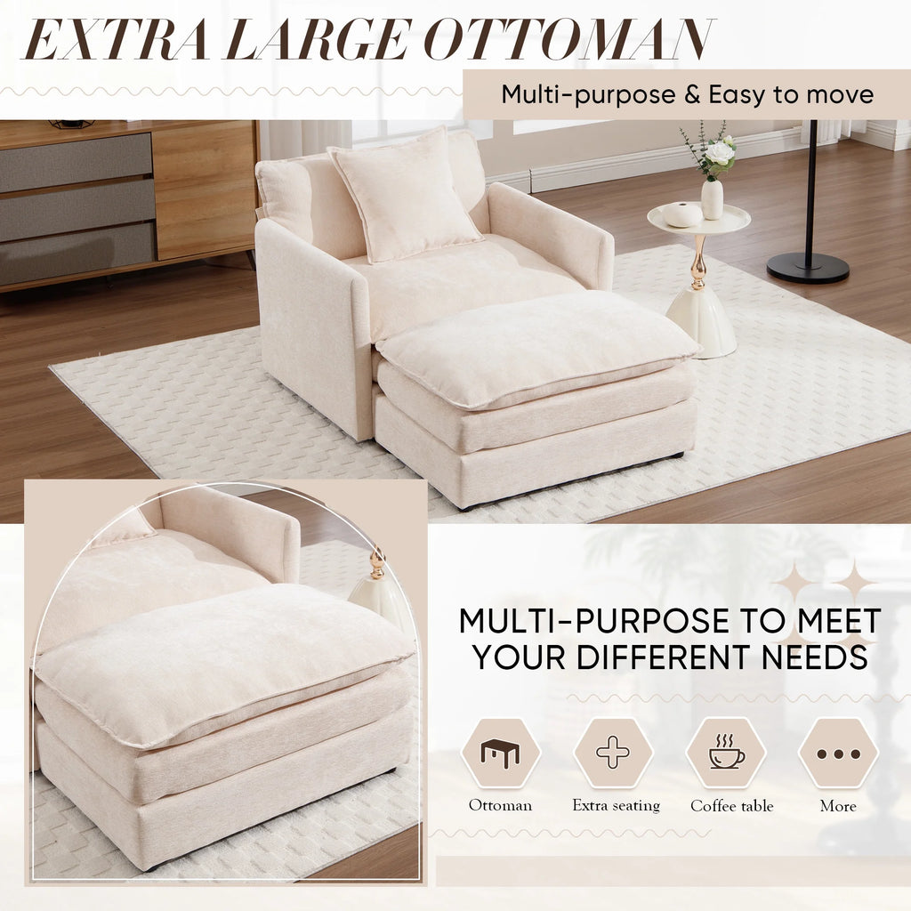Muumblus Oversized Lounge Chair with Ottoman, Cloud Accent Armchair for Living Room, Beige Chenille