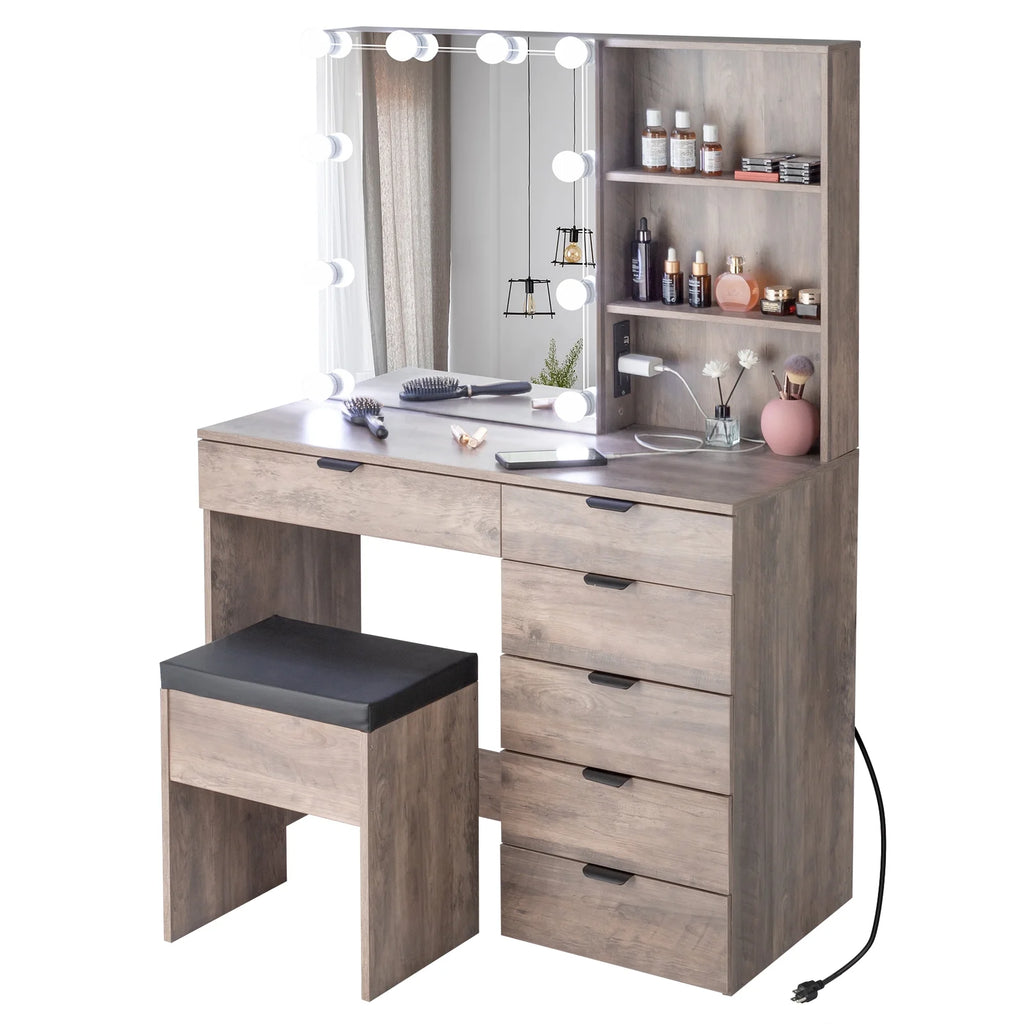 Ktaxon Vanity Set with 3 Color Lighted Mirror & Charging Station, Makeup Table with 3 Storage Shelves & Drawers, Dressing Table Makeup Desk with Stool, Retro Gray