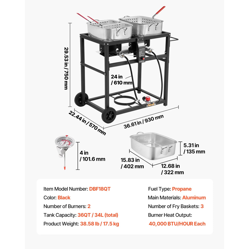 KFFKFF Outdoor Propane Deep Fryer, Dual - Tank 18QT x 2 Commercial Fryer, Portable Frying Cart with Wheels, 3 Baskets, 2 Thermometers, Stainless Steel Cooker for Fish, Wings, and Fries, 40, 000 BTU