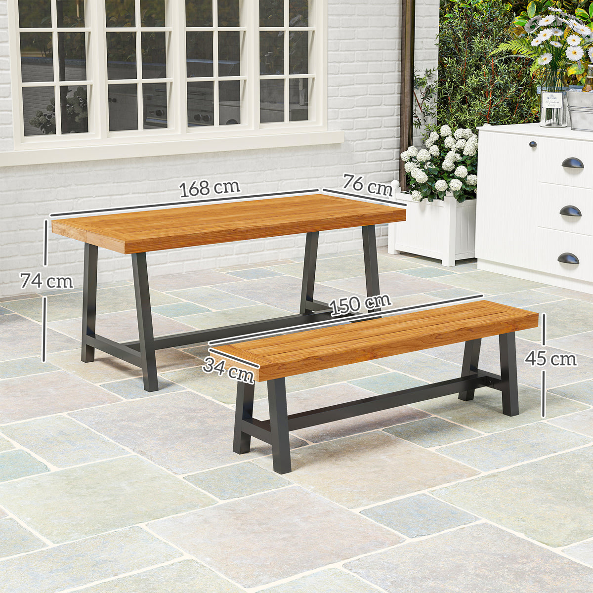 Outsunny Sitzgruppe 3-teilig Holz Essgruppe für 4 Personen Esstisch mit 2 Bänke Teak