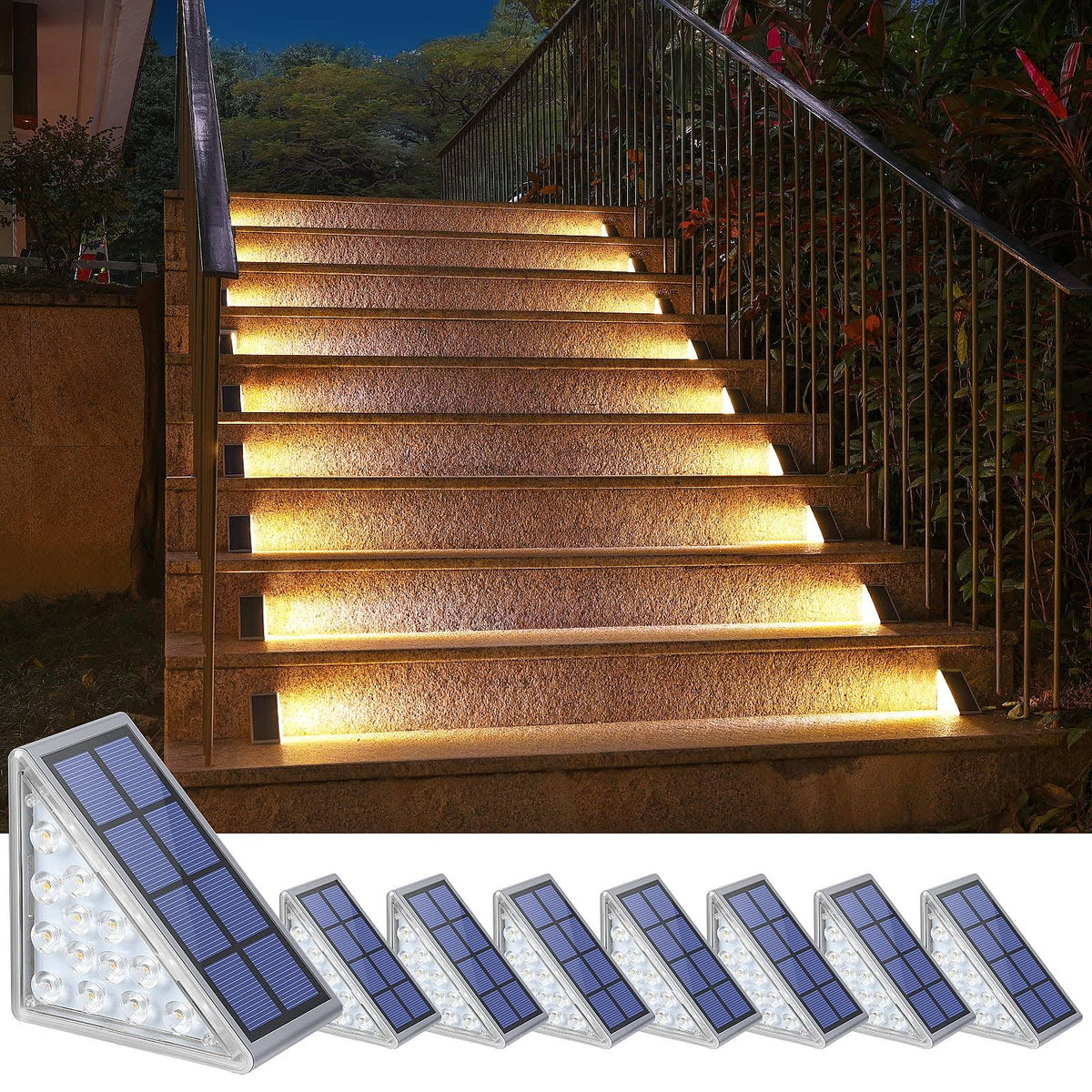 NIORSUN Solar Step Lights, 8 Pack Outdoor Stair Lights Warm White Triangle Solar Deck Lights IP67 Waterproof Auto on Off Decoration Lights for Stair