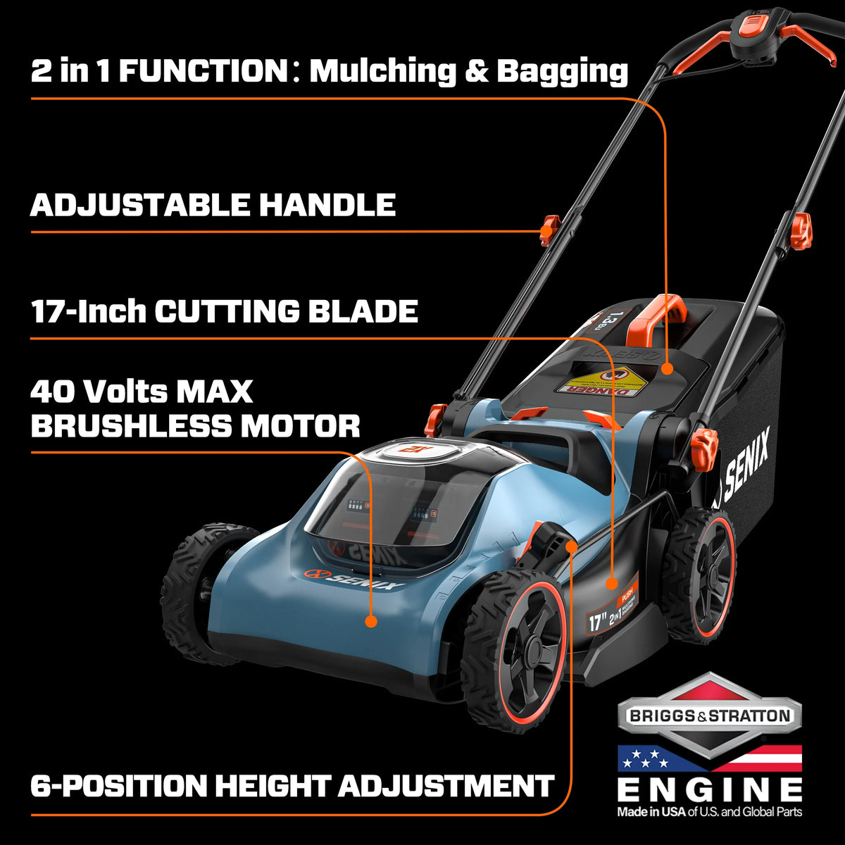 SENIX 40V Brushless 18in Deck Battery Lawn Mower, 17in Cutting Blade, 2 - in - 1 Mulching & Bagging Cordless Push Mower, 6 - Position Adjustment, LPPX2 - M5