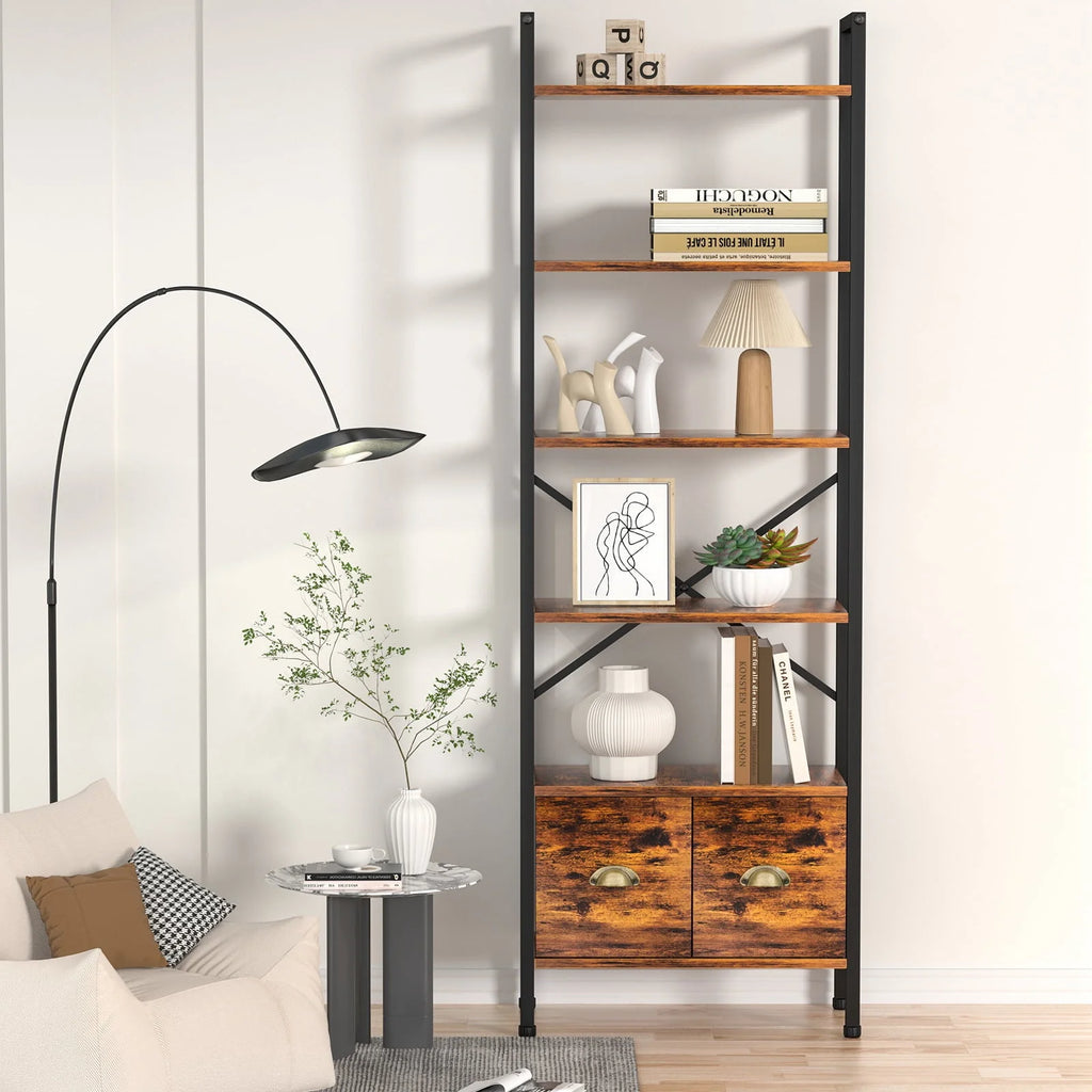 BEHOST 6 Shelf Bookcase, 70in Tall Bookshelf with 2 Drawers, Set of 1, Rustic Brown