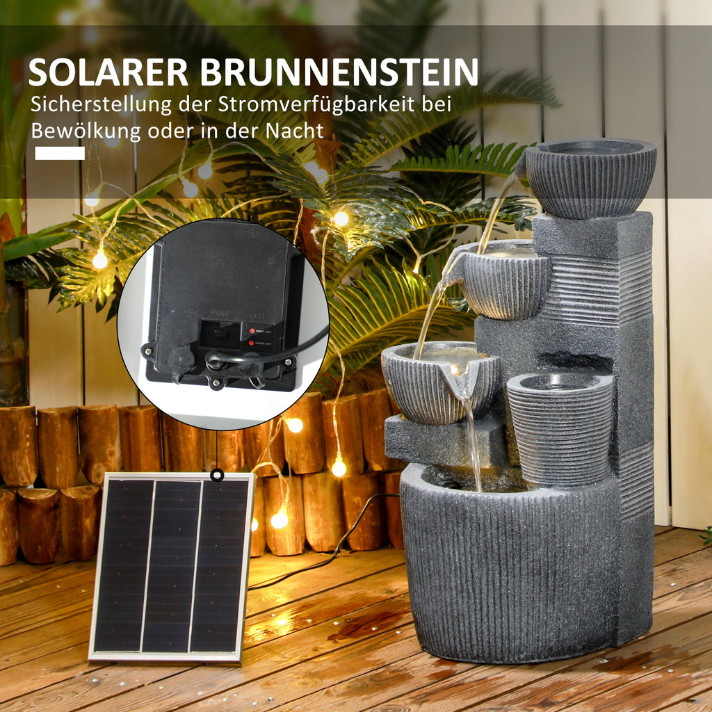 Outsunny Gartenbrunnen, Naturoptik, 4-stufig, Solarbetrieb, LEDs, 57cm Höhe, Dunkelgrau