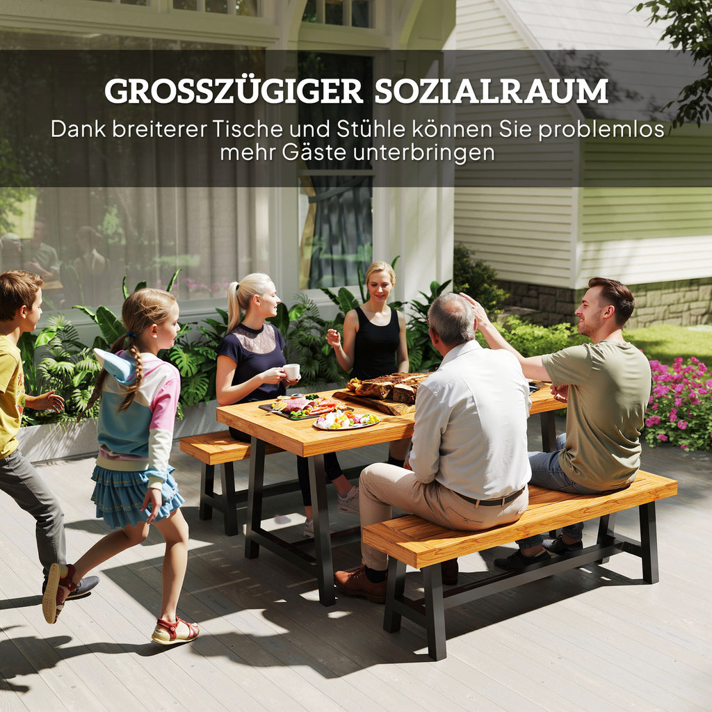 Outsunny Sitzgruppe 3-teilig Holz Essgruppe für 4 Personen Esstisch mit 2 Bänke Teak
