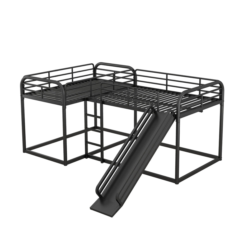 Full and Twin Size L - Shaped Quadruple Metal Bunk Bed with Slide for Kids, Black