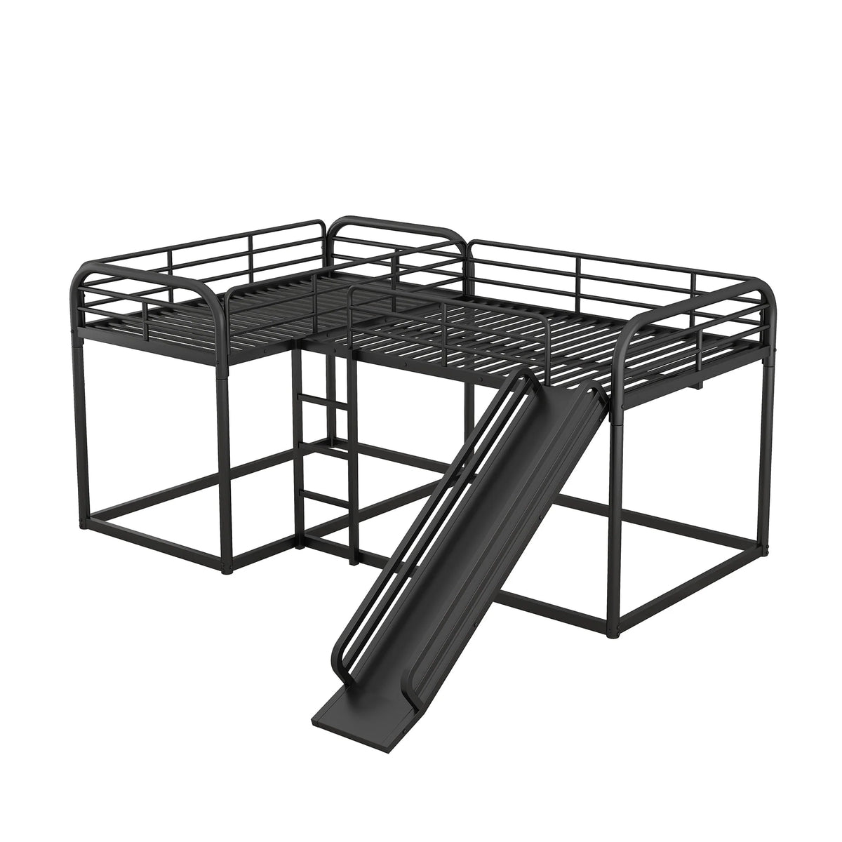 Full and Twin Size L - Shaped Quadruple Metal Bunk Bed with Slide for Kids, Black