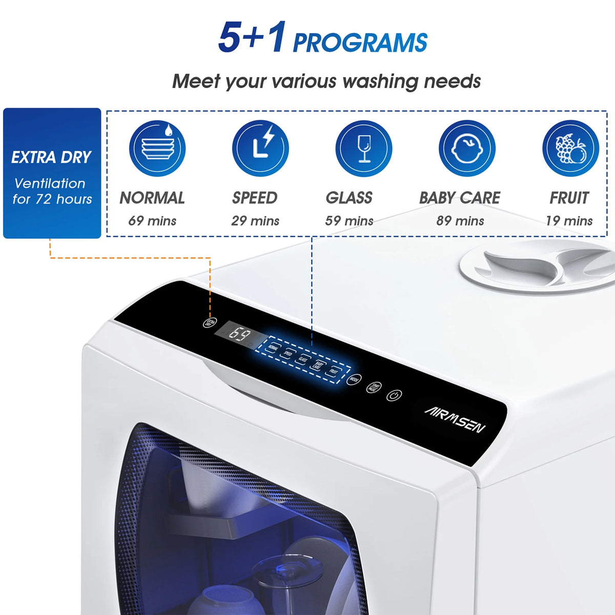 AIRMSEN Portable Countertop Dishwasher with 5 - Liter Built - in Water Tank and Air - Dry Function, 5 Washing Programs Mini Dishwasher, AE - TDQR03