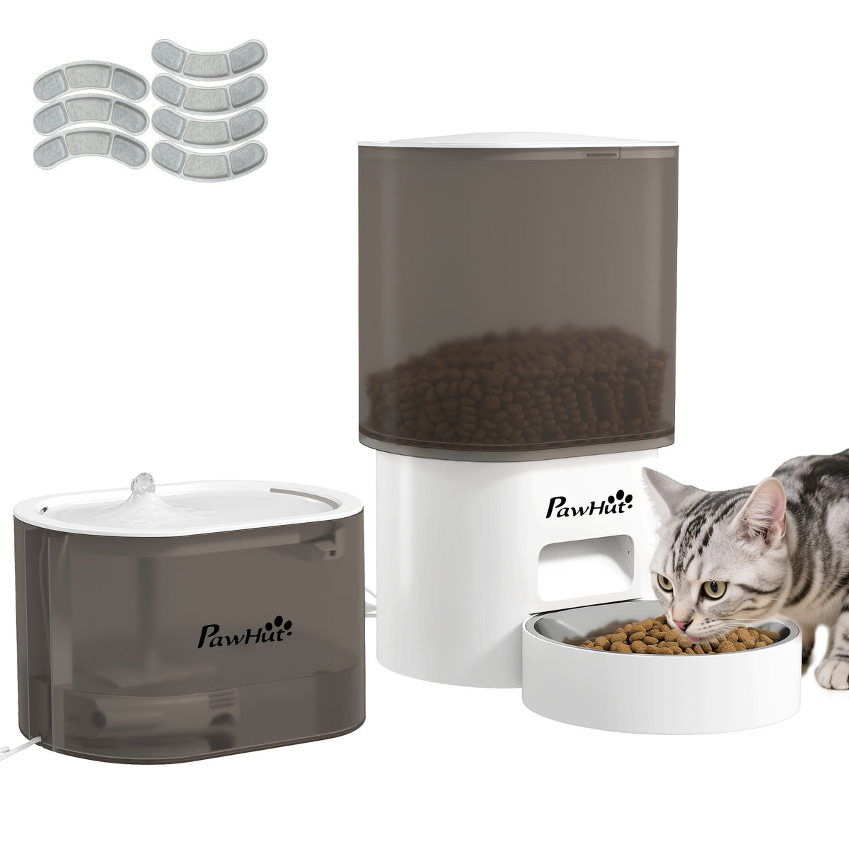 PawHut Automatischer Futterspender und 2,5 L Wasserspender für kleine Hunde, Katzen Weiß