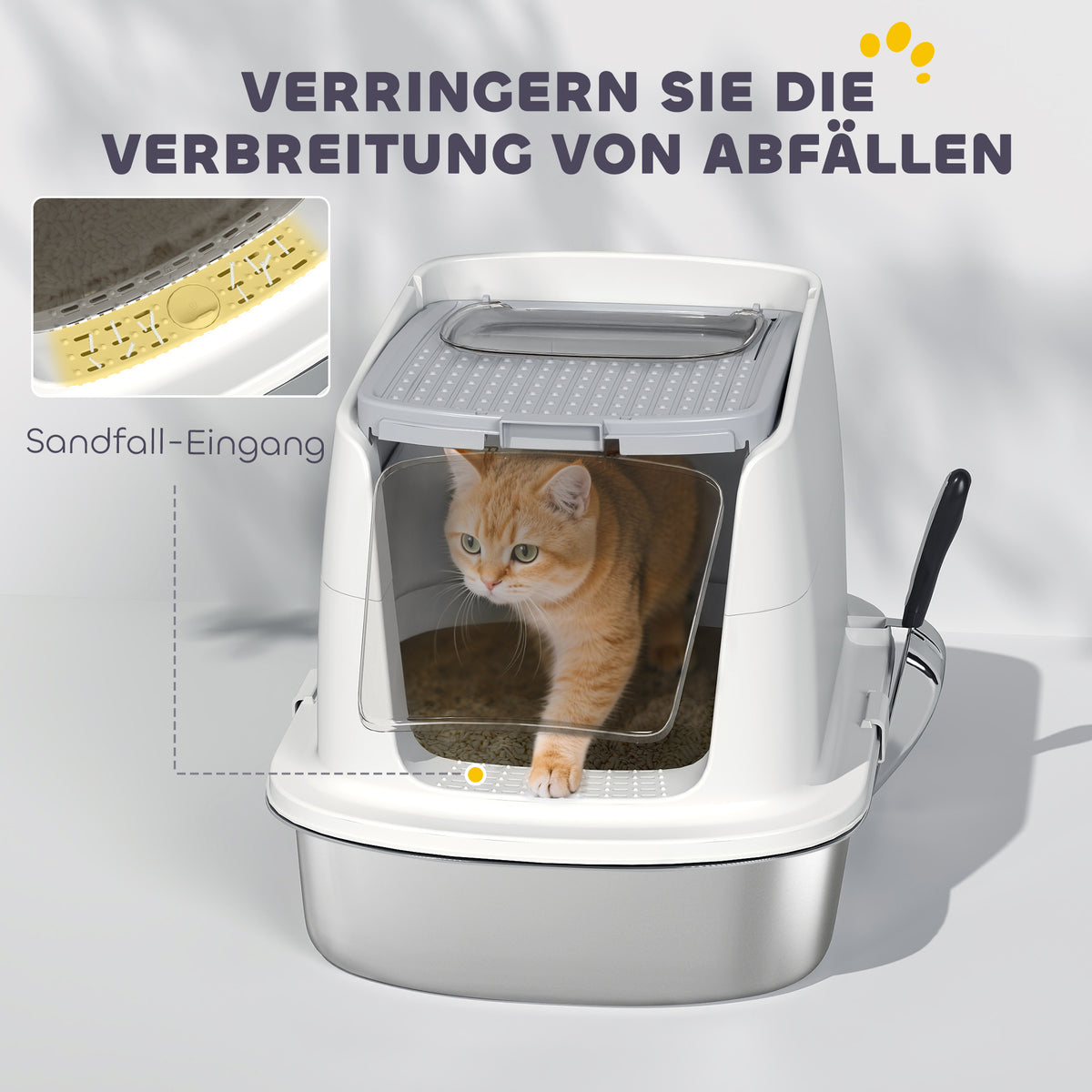 PawHut Katzentoilette Edelstahl, geschlossene Katzentoilette mit Schaufel, Geruchsbeutel, Einstieg Ausgang