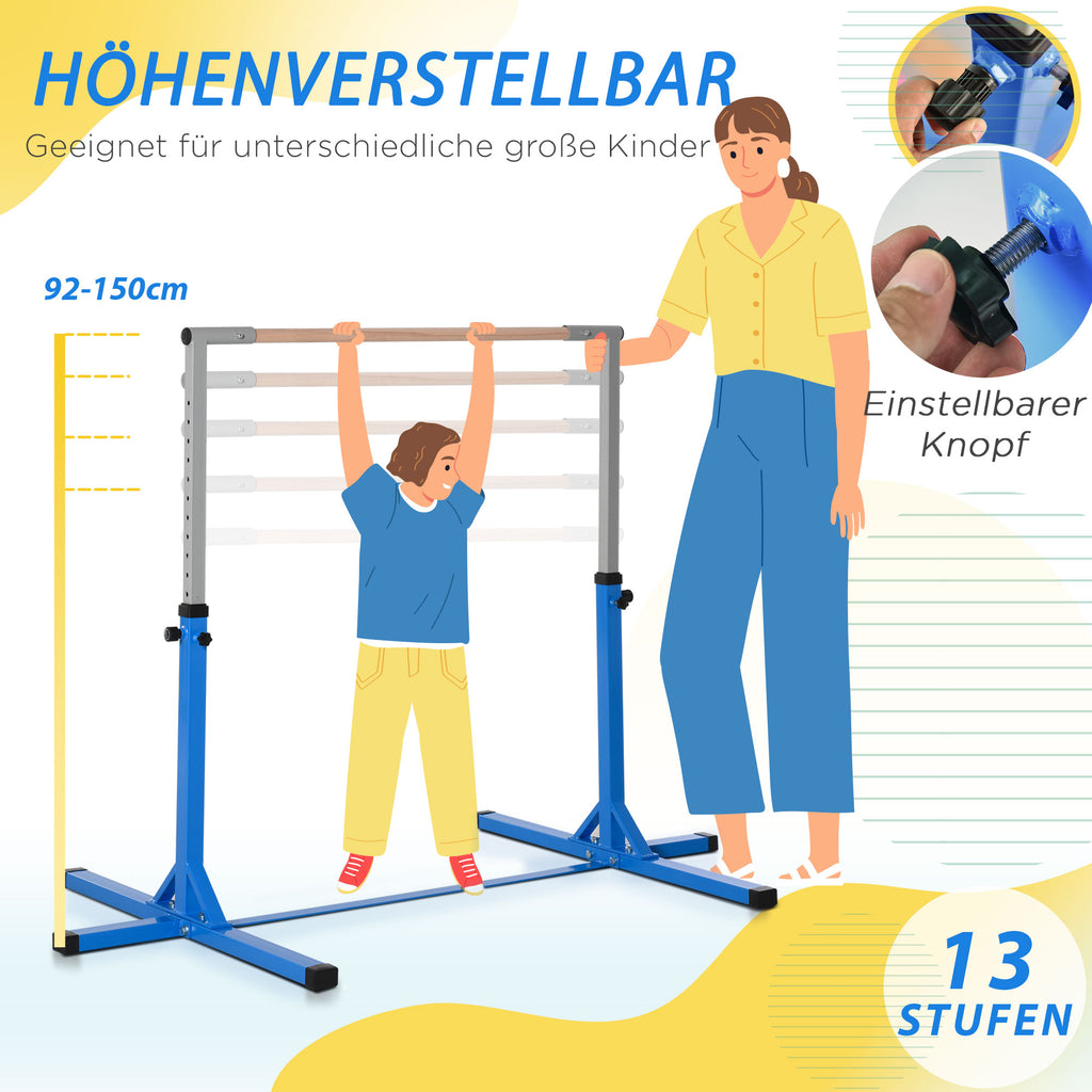 HOMCOM Gymnastik-Turnreck, 13-stufig höhenverstellbar Reckstange, Reck Turnstange aus Holz & stabile Stahlkonstruktion bis 75 kg belastbar, für 3+ Kinder, Indoor, Outdoor, Blau