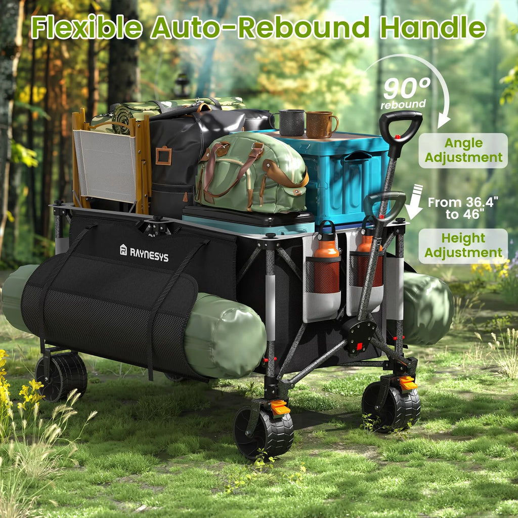 Raynesys 300 L Foldable Wagon Cart with Wheels, 440 lb Heavy Duty Beach Wagon for Sand Sports Camping Grocery, Black & Gray