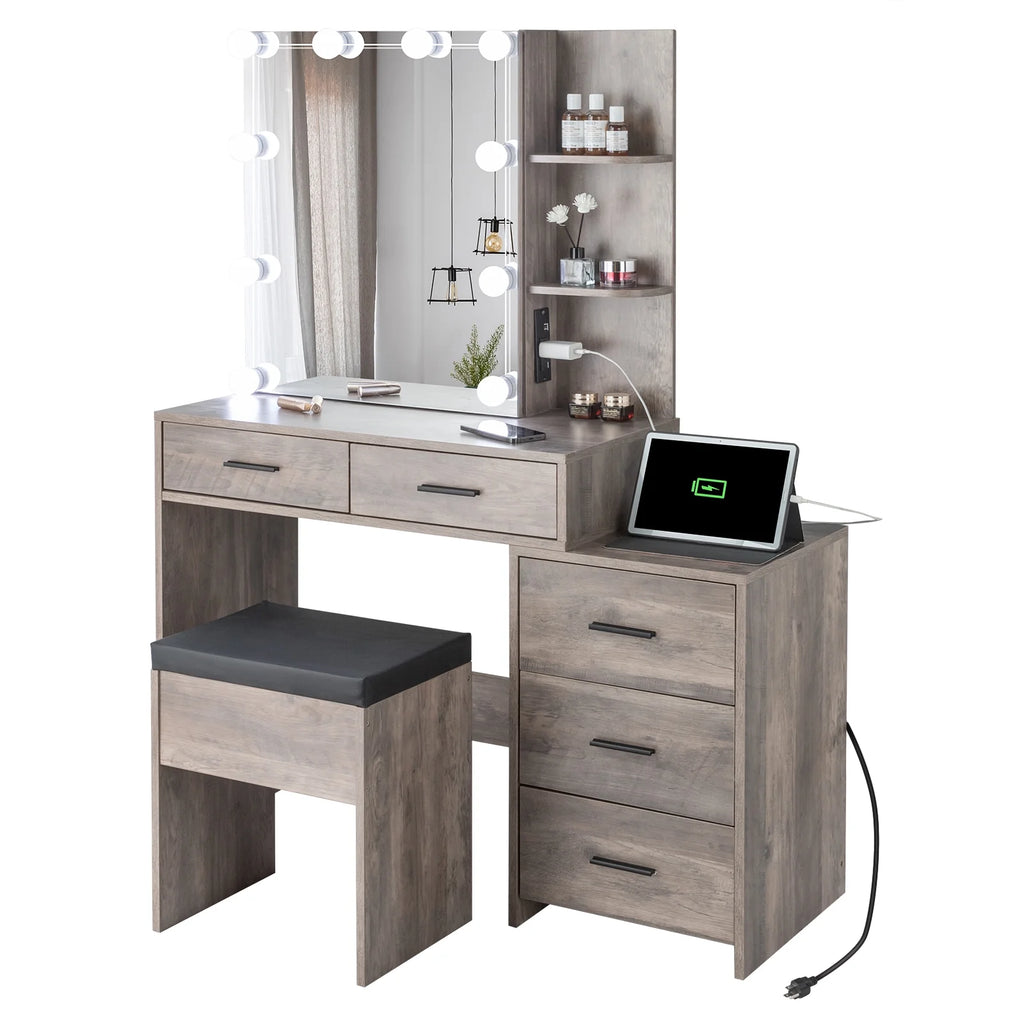 Ktaxon Vanity Set with 3 Color Lighted Mirror & Charging Station, Makeup Table with 3 Storage Shelves & Drawers, Dressing Table Makeup Desk with Stool, Retro Gray