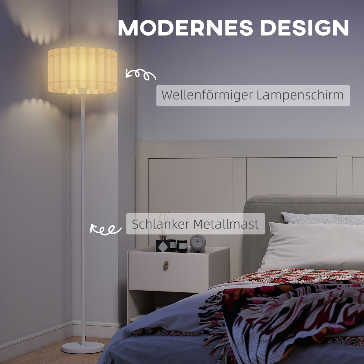 HOMCOM Stehlampe im Retro-Stil, Kunststoff-Lampenschirm, Fußschalter, Metallstab, Weiß