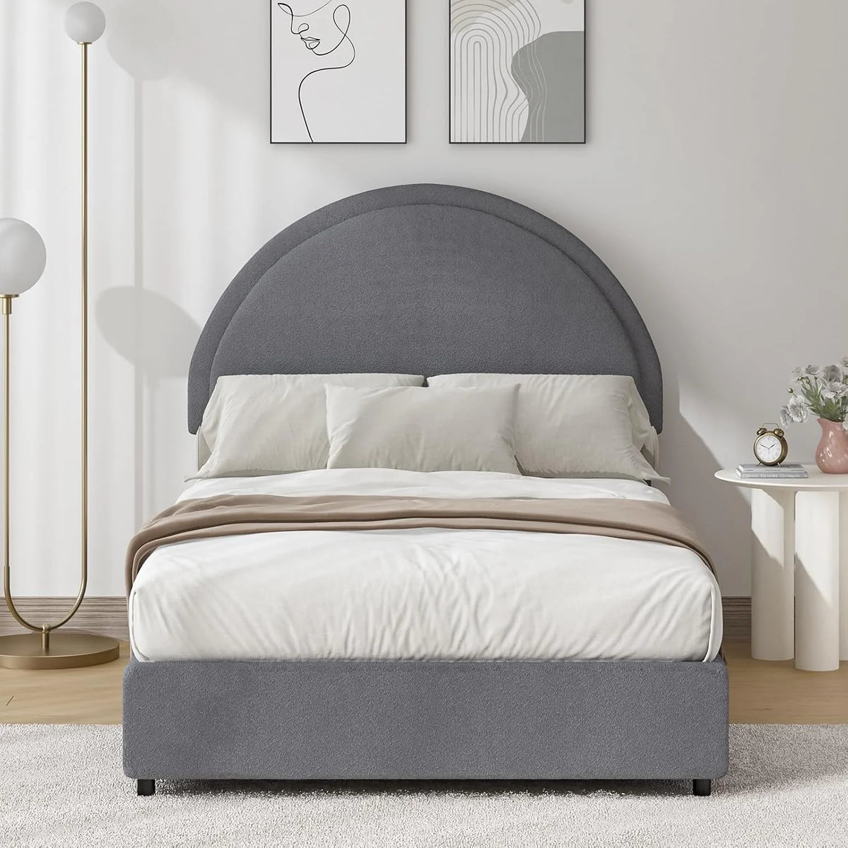 4 EVER WINNER Queen Size Bed Frame, Boucle Upholstered Bed Frame with Headboard, White Queen Bed Frame, White