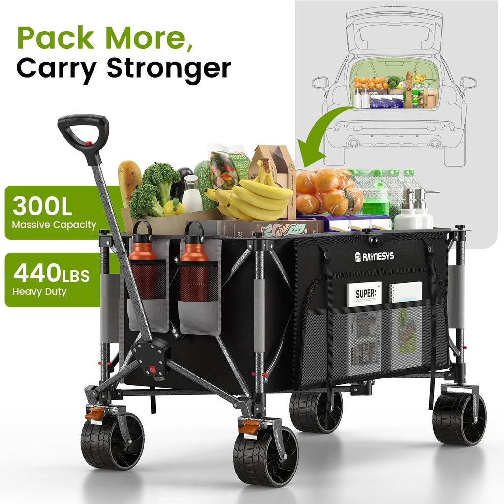 Raynesys 300 L Foldable Wagon Cart with Wheels, 440 lb Heavy Duty Beach Wagon for Sand Sports Camping Grocery, Black & Gray